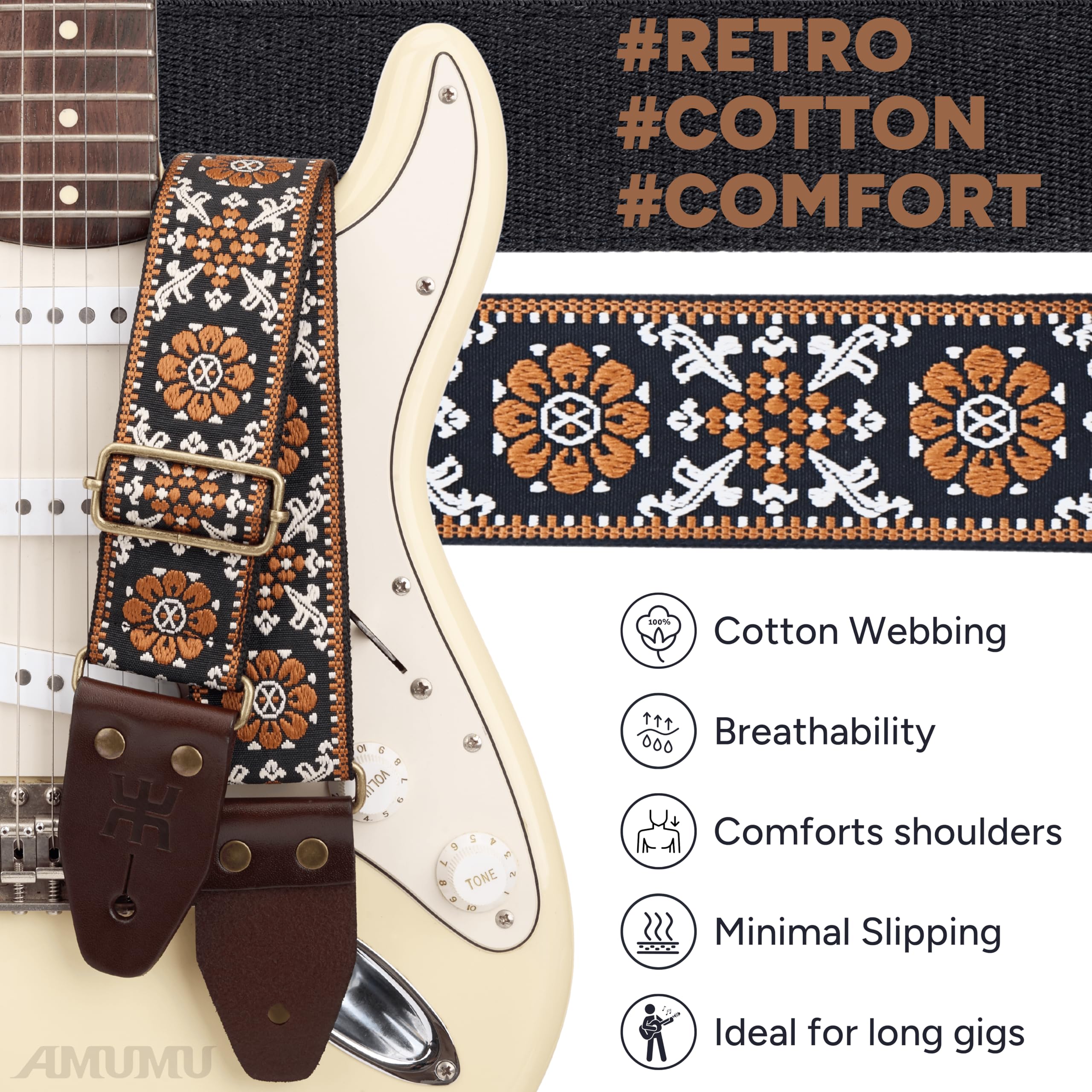Amumu Brown Lucky Flower Embroidery Guitar Strap, Vintage Style with Top Grain Cowhide Leather Ends & Pick Pocket, Fits Bass - Image 4