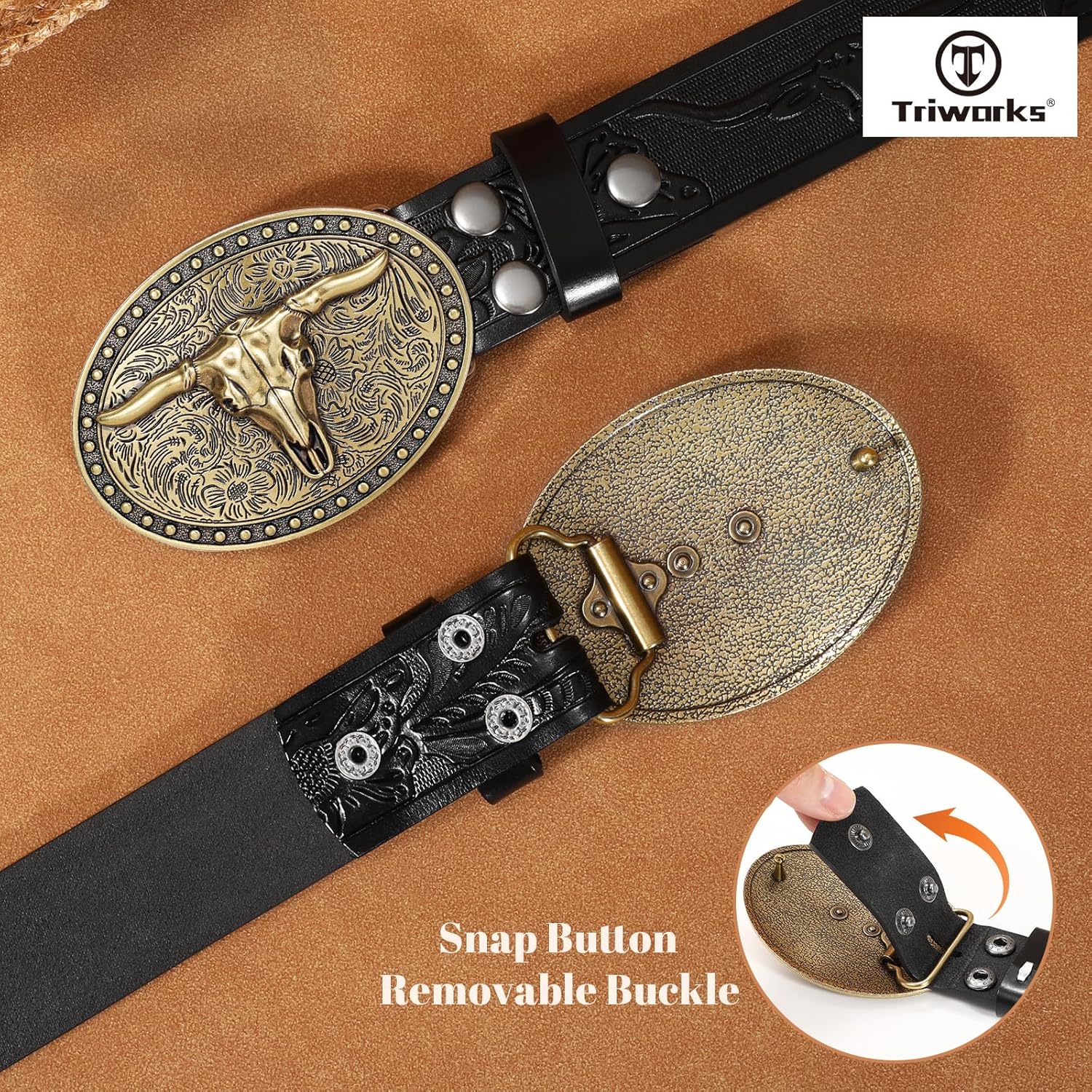 TRIWORKS Western Belts for Men Women, Cowboy Cowgirl Belt Embossed Western Country Leather Belts for Jeans - Image 3