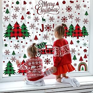 217 PCS Merry Christmas Window Clings, Red Black Green Plaid Christmas Tree Patterned Decorations, Double Sided Snowflake Decals Stickers for Winter Xmas Party Home Indoor Decorations Decor