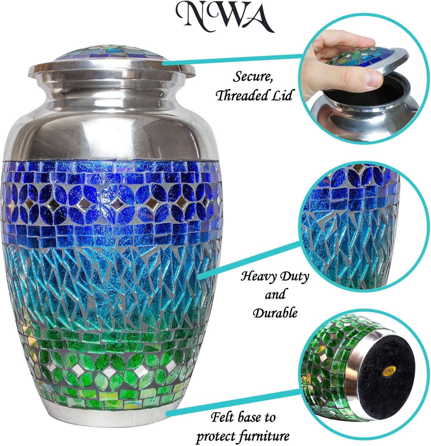 Blue Cremation Urn, Large Mosaic Funeral Urn for Human Ashes with Personalization and Bag