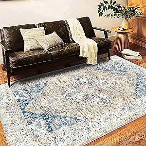 Washable Area Rug 9x12 Boho Chic Medallion Distressed Design Non-Shedding Easy Care Ideal for High Traffic Areas in Living Room Bedroom Office Coffee Table Large Carpet