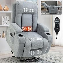 Large Power Lift Recliner Chairs with Massage and Heat for Elderly Big People, Heavy Duty Lay Flat Sleeper Recliner with USB Charging Port, Cup Holders, 350 lbs Capacity Grey+Fabric
