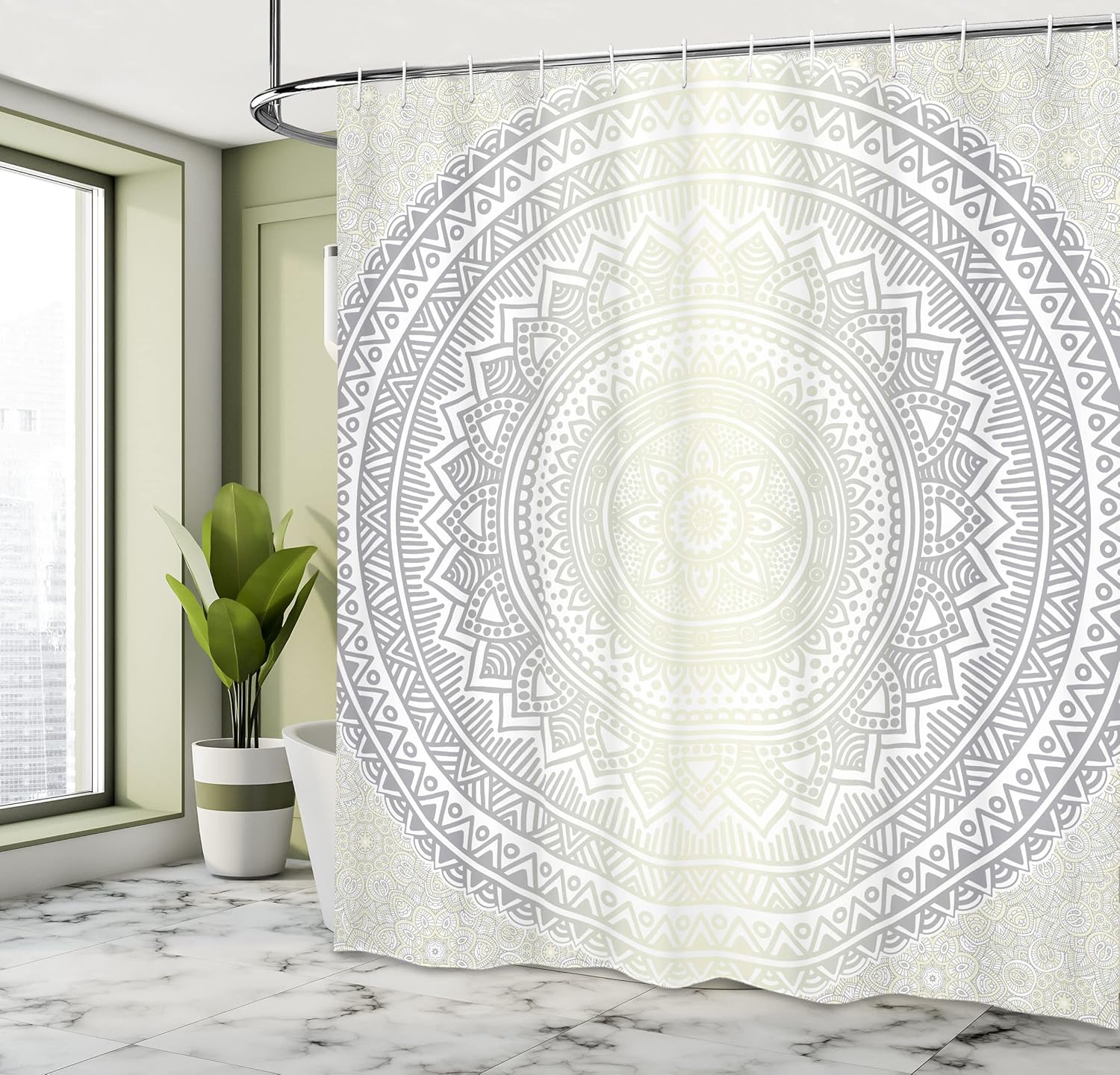 Ambesonne Grey and White Shower Curtain, Medallion Pattern Round Shape Mandala Hippie Ombre Retro Culture Design, Cloth Fabric Bathroom Decor Set with Hooks, 84" Long Extra, Grey White