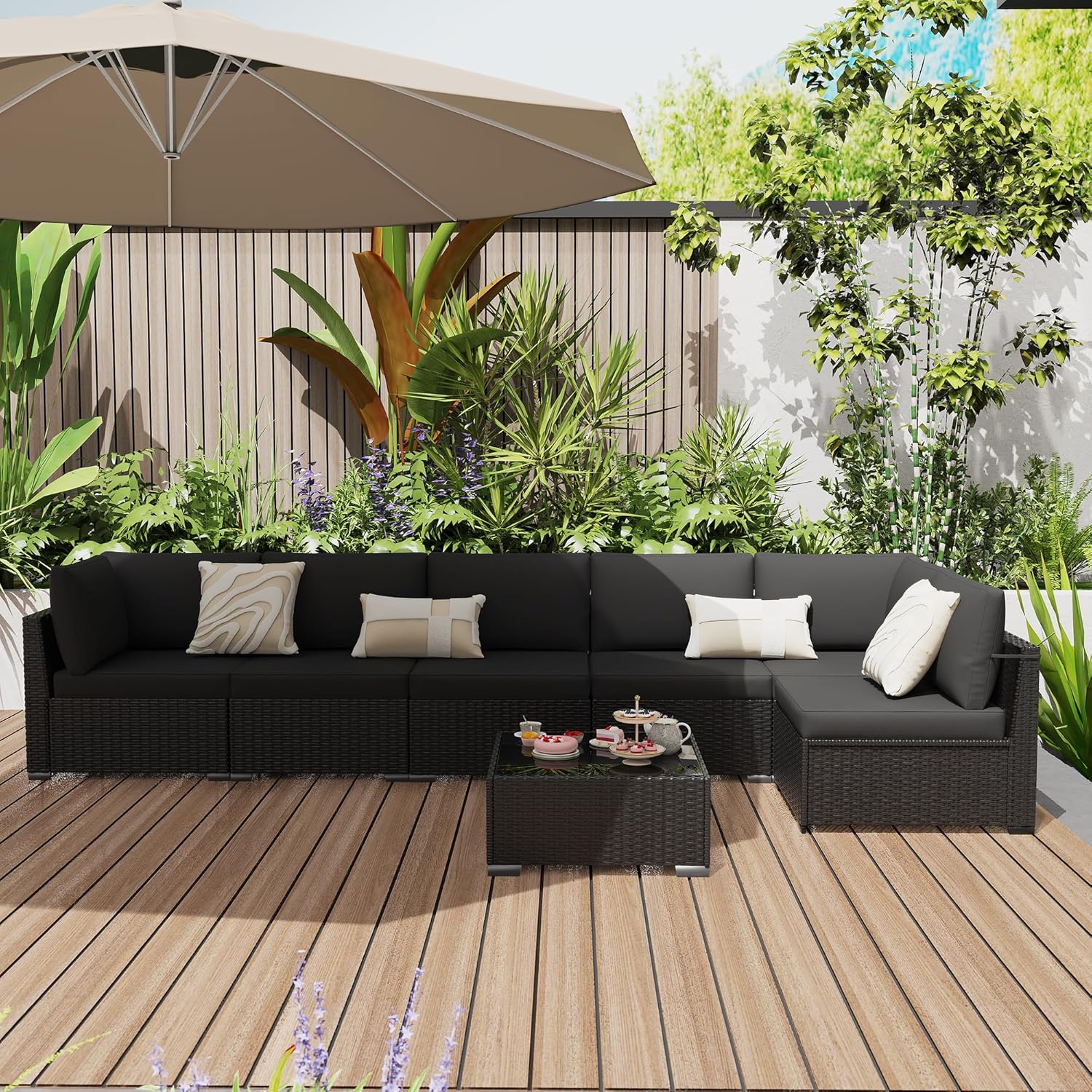 KIGOTY 7-Piece Patio Furniture Set, All-Weather PE Rattan Outdoor Sectional Sofa, Modular Wicker Conversation Set with Thick Washable & Easy-Clean Coffee Table（Black/Black-X）