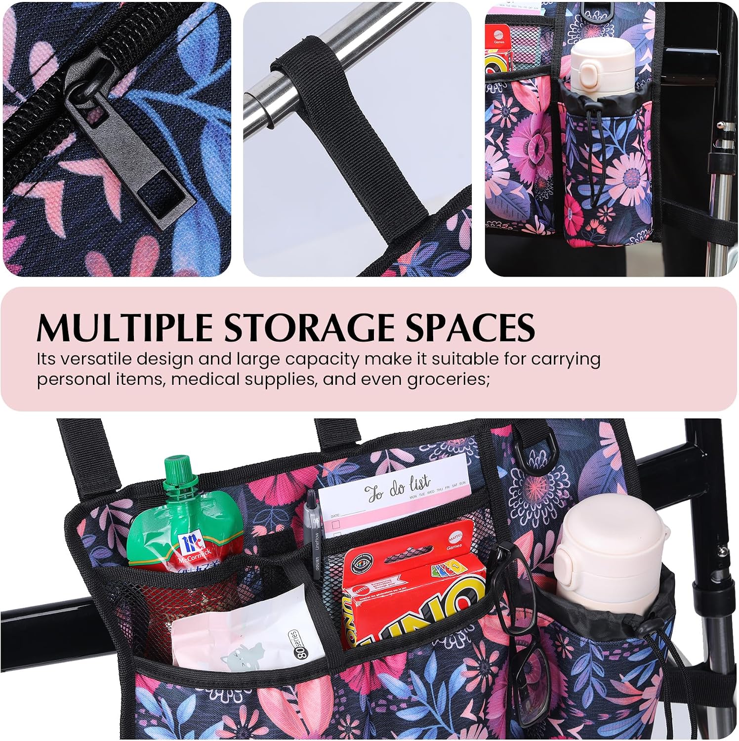 Walker Accessories for Folding Seniors Bag Walker Organizer Storage Pouch Cup Holder Carry with Pockets Detachable -red Flower image 5
