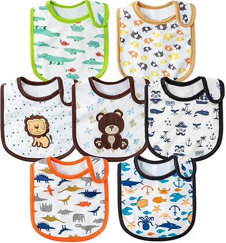 2ooya 7Pcs Cotton Waterproof Baby Bibs Hook Loop Closure Newborn Babies Bib Keepsake Baby Gift for Drooling Feeding Eating
