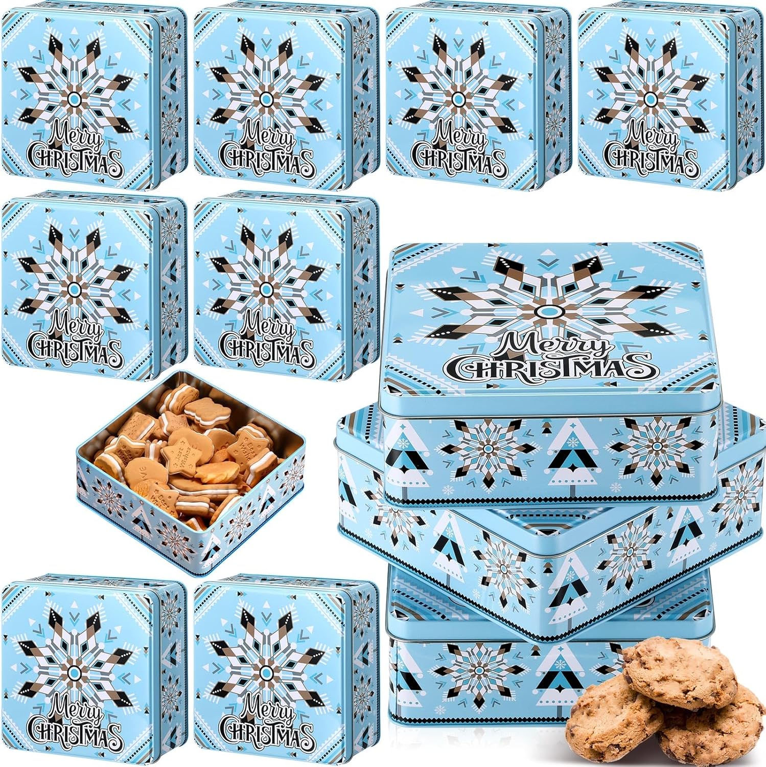 Tandefio 12 Pcs Christmas Cookie Tins 6.3Inch Cookie Tins with Lids for Gift Giving Square Metal Container Xmas Snowflake Boxes Large Empty Holiday Treat Jars for Xmas Candy Baking Decorative