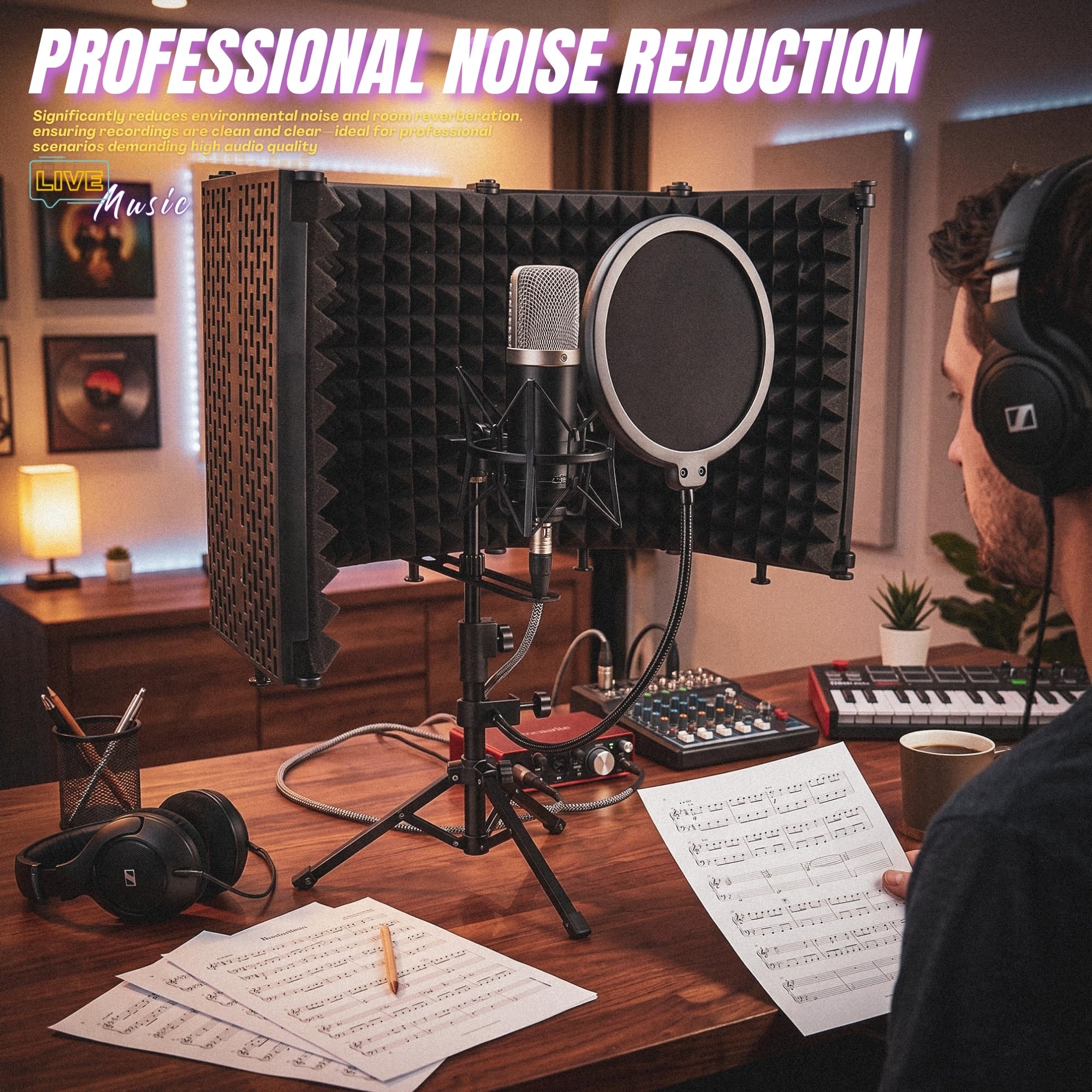 Studio-Mikrofon-Isolationsschild, mit Pop-Filter & Metall-Tischstativ, Mikrofonständer, 5-fach faltbarer Studio-Mikrofon-Isolationsschild, tragbar für Singen, Podcasting, Musikaufnahme