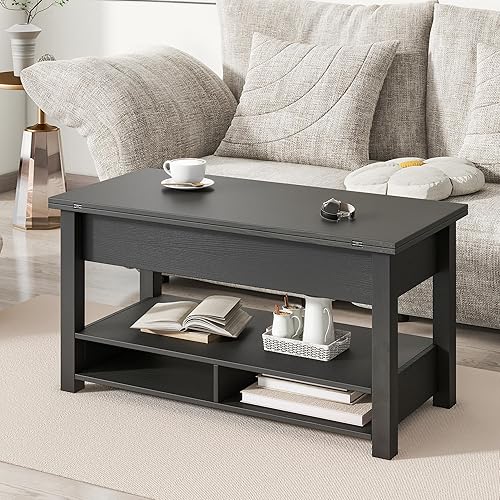 Mesa auxiliar elevable, mesa auxiliar multifuncional con estantes abiertos, mesa de comedor moderna para sala de estar, oficina en casa (negro #004)