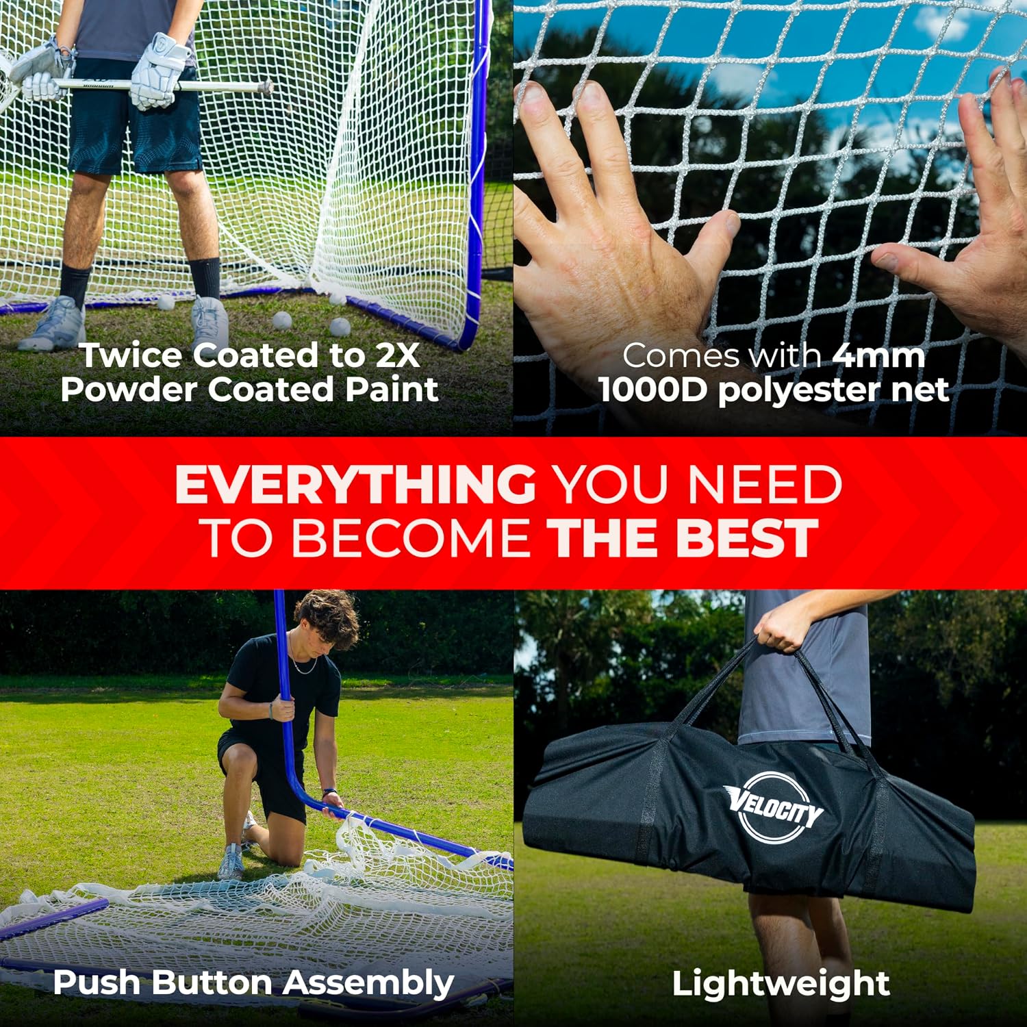 Velocity Official Size 6x6x7' Backyard Lacrosse Practice and Training Goal, Includes 4MM Lacrosse Net, for Youth, Kids, and Adults