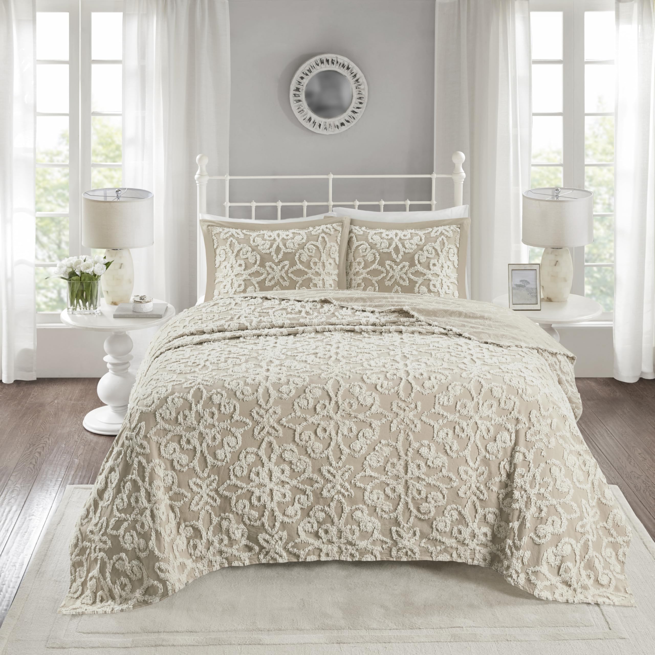 Incomplete| Madison Park MP13-7124 Chenille Tufted 100% Cotton Quilt Season, Lightweight, Breathable Coverlet Bedspread Bedding Set, Matching Shams, Oversized Full/Queen(102"x118"), Medallion Taupe 3 Piece