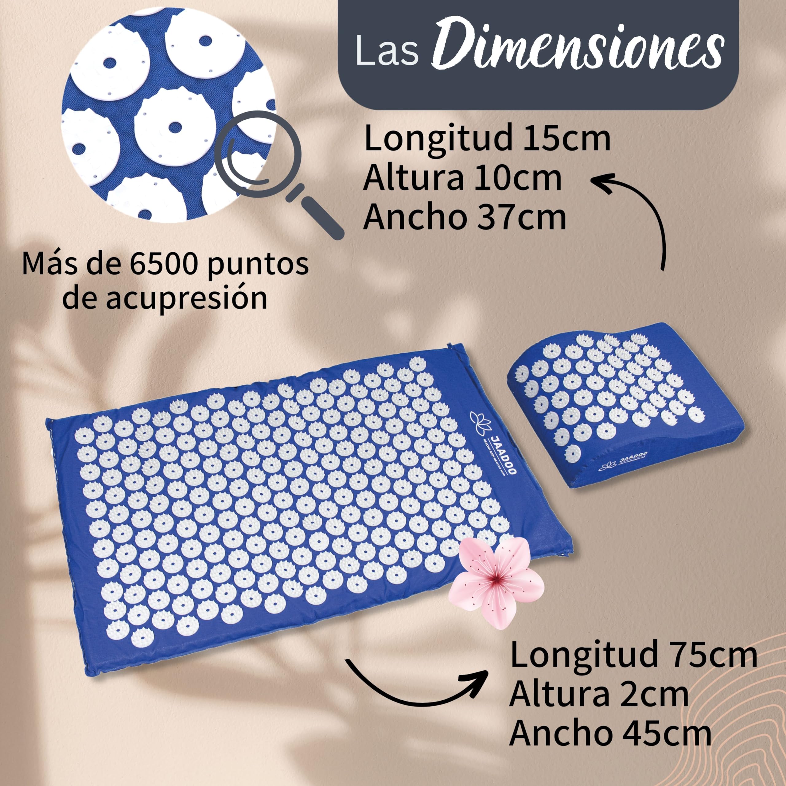 Esterilla de acupresión con cojín, perfecta para principiantes (la espuma viscoelástica se adapta) – Relajación pura – Funda 100% algodón – Esterilla de presión con batería azul