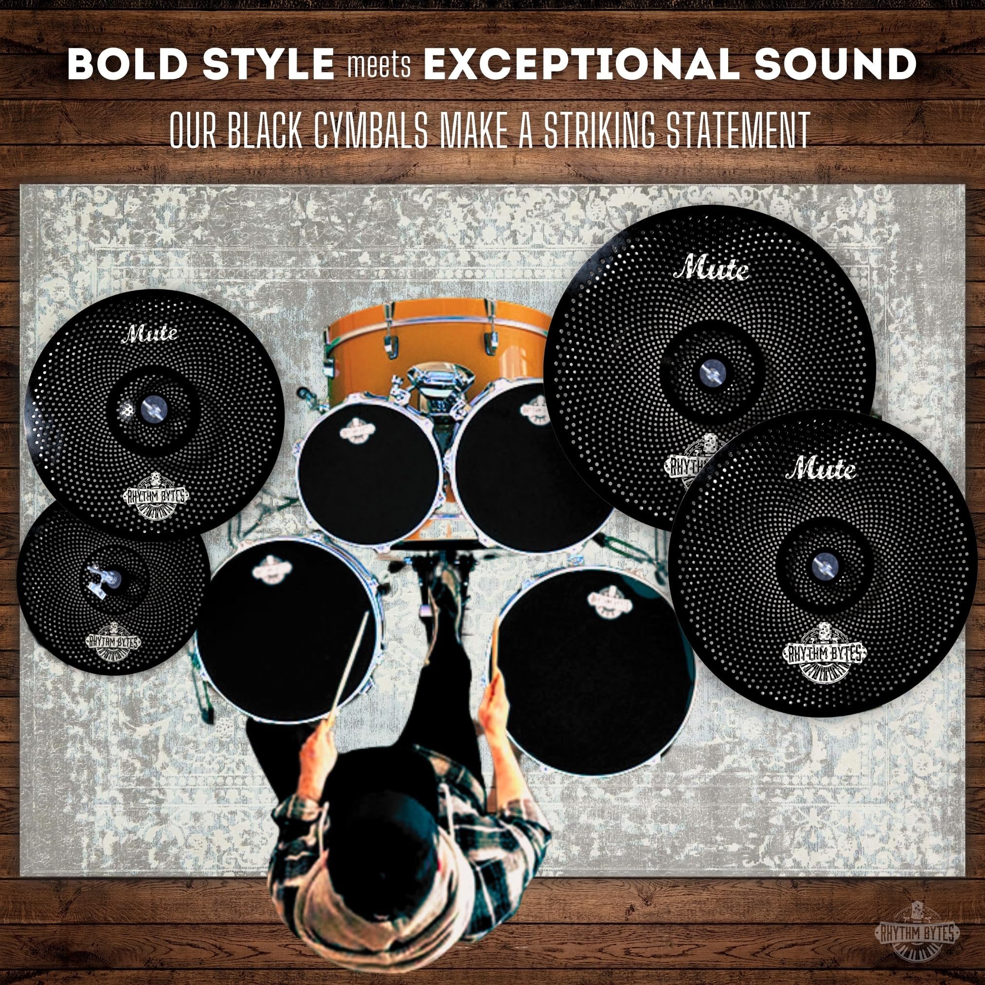 Rhythm Bytes Becken mit geringer Lautstärke, 5-teiliges leises Becken-Set für Trommeln: 35,6 cm Hi-Hats, 40,6 cm und 45,7 cm Crash Becken, 50,8 cm Ride Becken. Toll zum Üben und Proben. Schwarz