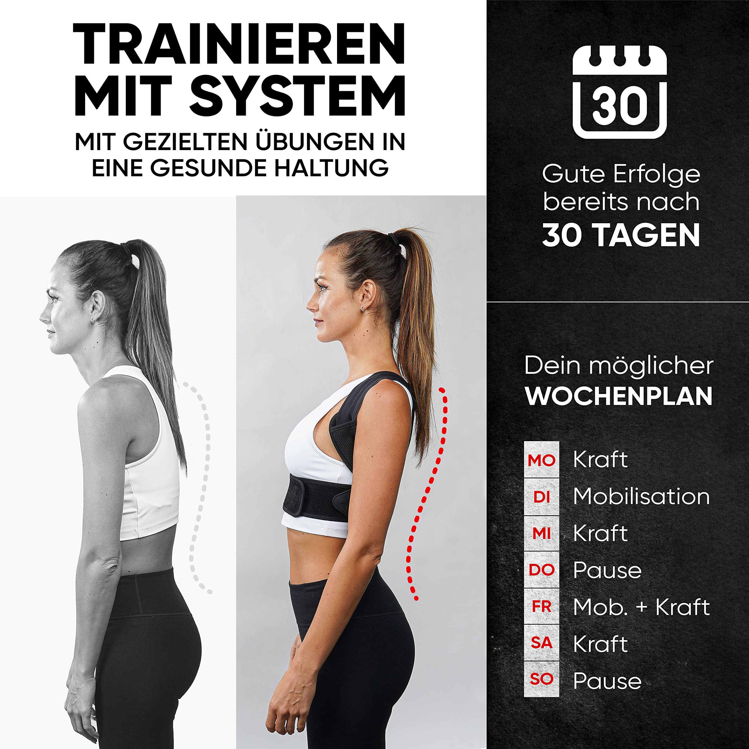 Haltungskorrektur für Männer und Frauen - 3 in 1 -Rückenbegradiger und Rückenstütze für eine perfekte Haltung und Schulterschmerzen -Verstellbarer Schultergurt mit Fitnessband und Premium Videokurs(M)