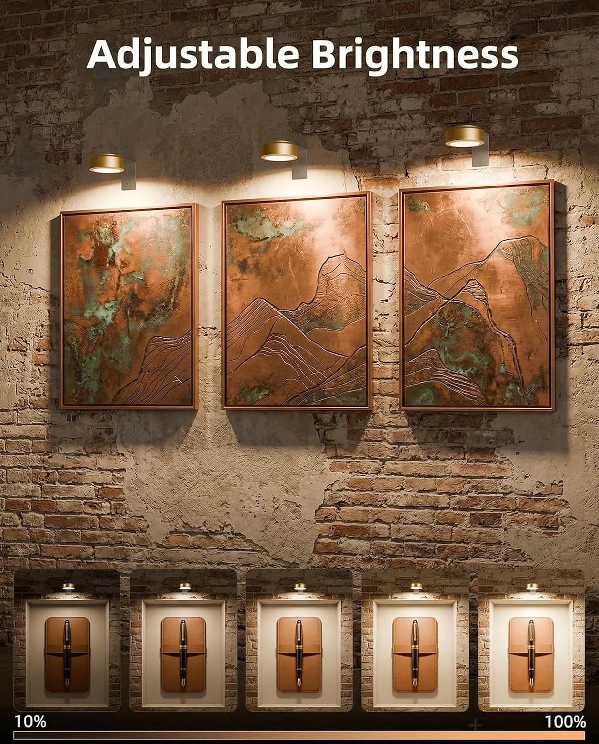 3 Pack Picture Light with 6 LED Beads, Rechargeable Magnetic Art Light with Remote & Touch, 3 Color Temps 12 RGB Dimmable Timer Wall Light for Painting Photo Wall Decor Closet Aisle, Gold