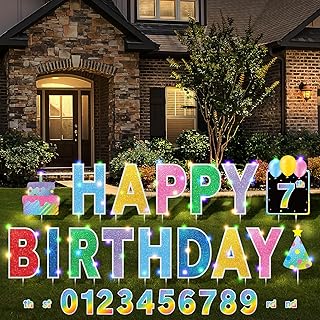Yerliker 16 Pcs Happy Birthday Yard Signs with Stakes, 32.8 ft LED Lights, 42 Pcs Number Stickers, 13.4 Inch Letters Signs for Birthday Party Supplies Yard Lawn Outdoor Decoration(Colorful)