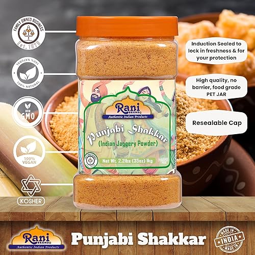 Miniatura 185 de Rani Masala Gur (Jaggery) Azúcar de caña sin refinar indio sin refinar, 17.5 oz (1.1 libras) tarro de PET de 17.64 oz ~ Apto para gluten Vegano