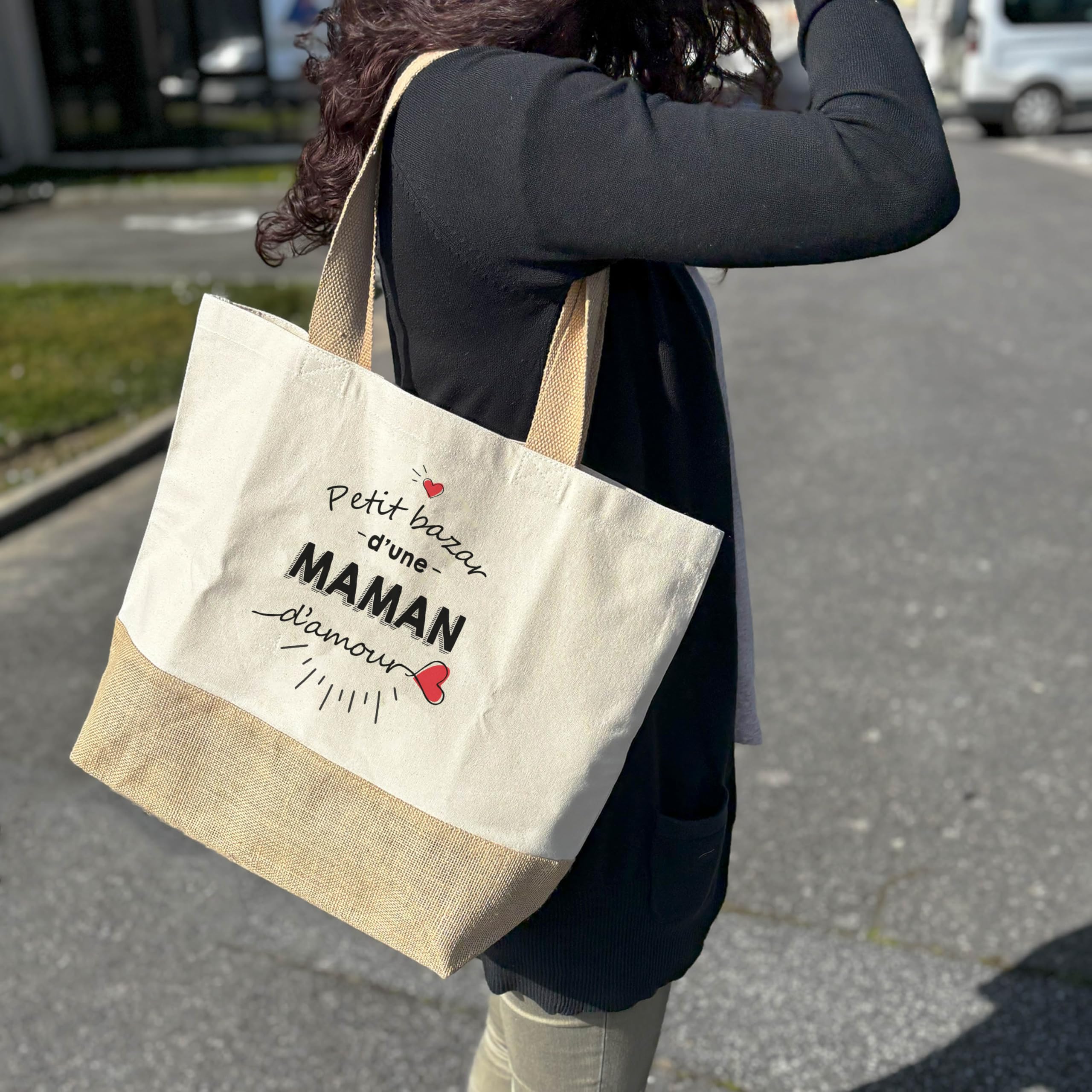 Planetee Sac Maman d’Amour | Grand Cabas en Toile de Jute pour Courses ou Sorties, Idéal Plage, Cadeau Original pour Maman, Anniversaire ou Fête des Mères