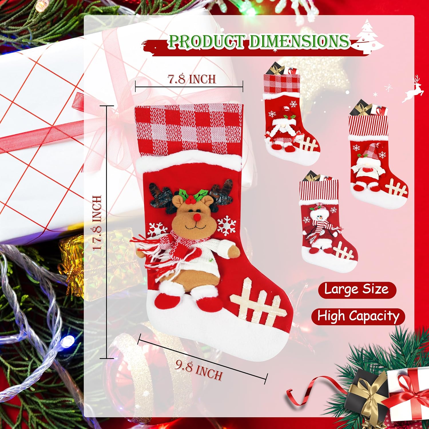 Ogrmar 4 PCS 17.8" Christmas Stocking Classic Large Stockings Santa, Snowman, Xmas Character Christmas Stockings with Personalized Name Tag for Family Holiday Xmas Party Decorations - Image 4