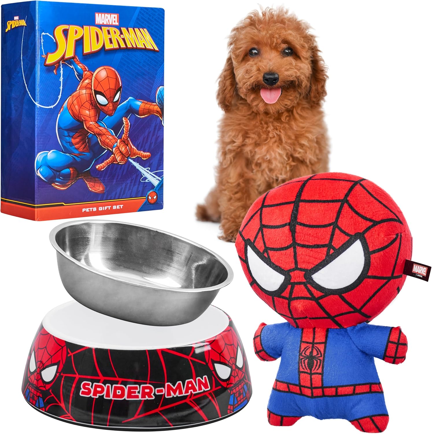 Disney Stitch Plush Dog Toy and Food Bowl Set, Squeaky Toy Durable Nonslip Dog Bowl - Dog Gifts (Red/Blue Spiderman)