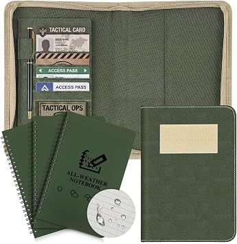 Resurhang 5 Pcs Waterproof Tactical Notebook with 96 Sheets 192 Pages Kit Zippered Tactical Notebook Cover with A5 Military Planner Papers and Pen for Outdoor, Combat, Army, Hiking Green