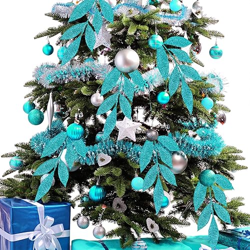 Miniatura 3 de Winlyn 20 aerosoles artificiales de hoja de laurel con purpurina verde azulado para árbol de Navidad, 12.7 pulgadas de alto, para árbol de Navidad,
