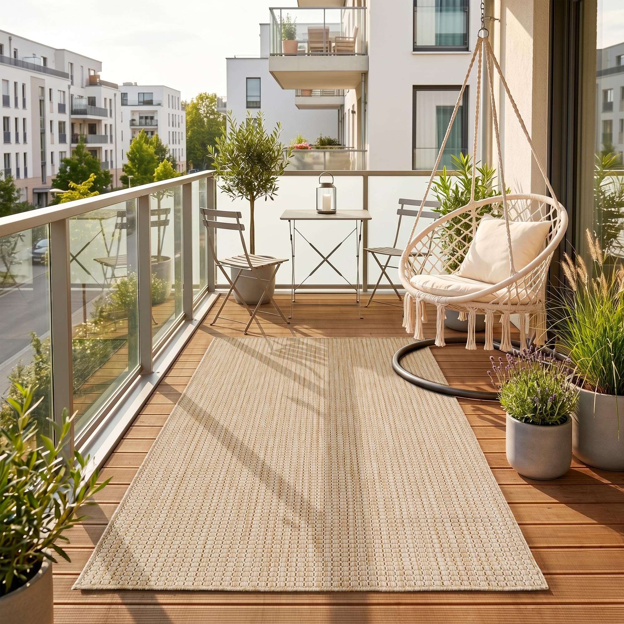HomebyHome Outdoor Teppich Beige Balkon Terrasse Garten Wetterfest UV-beständig Teppich Einfarbig Flachgewebe Pflegeleicht Robust Modern