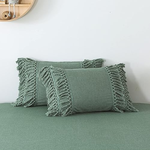 Vista 22 de Softta Falda de cama de 3 piezas, tamaño Queen, con borlas y volantes, estilo bohemio, 100% algodón lavado, color blanco sólido Blanco marfil