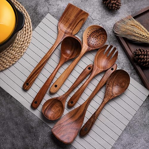 Miniatura 3 de Juego de herramientas de cocina antiadherentes de madera de 7 piezas espátula de cocina de teca 100 natural utensilios de cocina de madera cucharas
