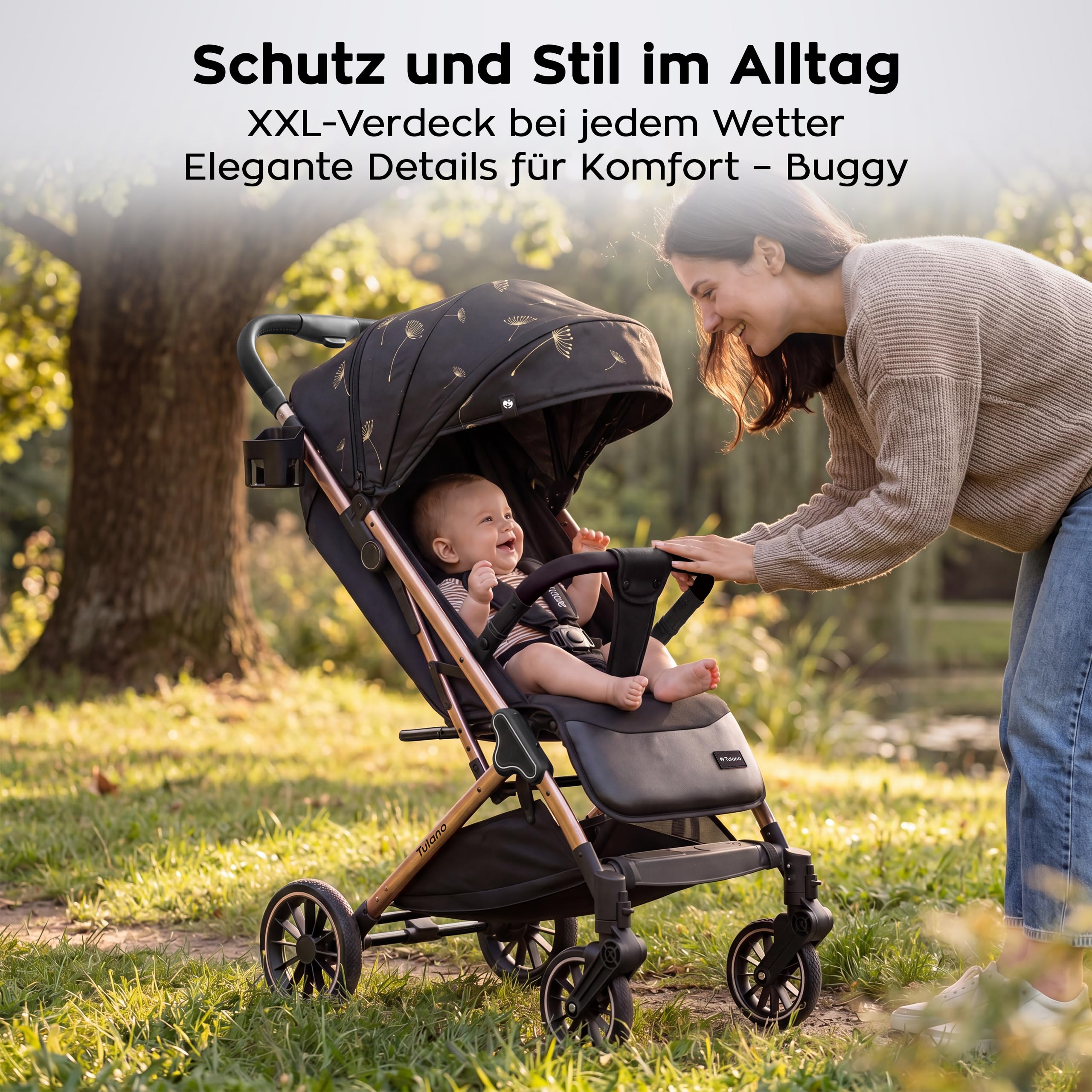 TULANO Lagos 35 Kinderwagen Buggy Klein Zusammenklappbar Reisebuggy mit Liegefunktion Trolley-Funktion Zubehör Flugzeug Handgepäck Baby Buggy bis 15 kg Beige/Geld