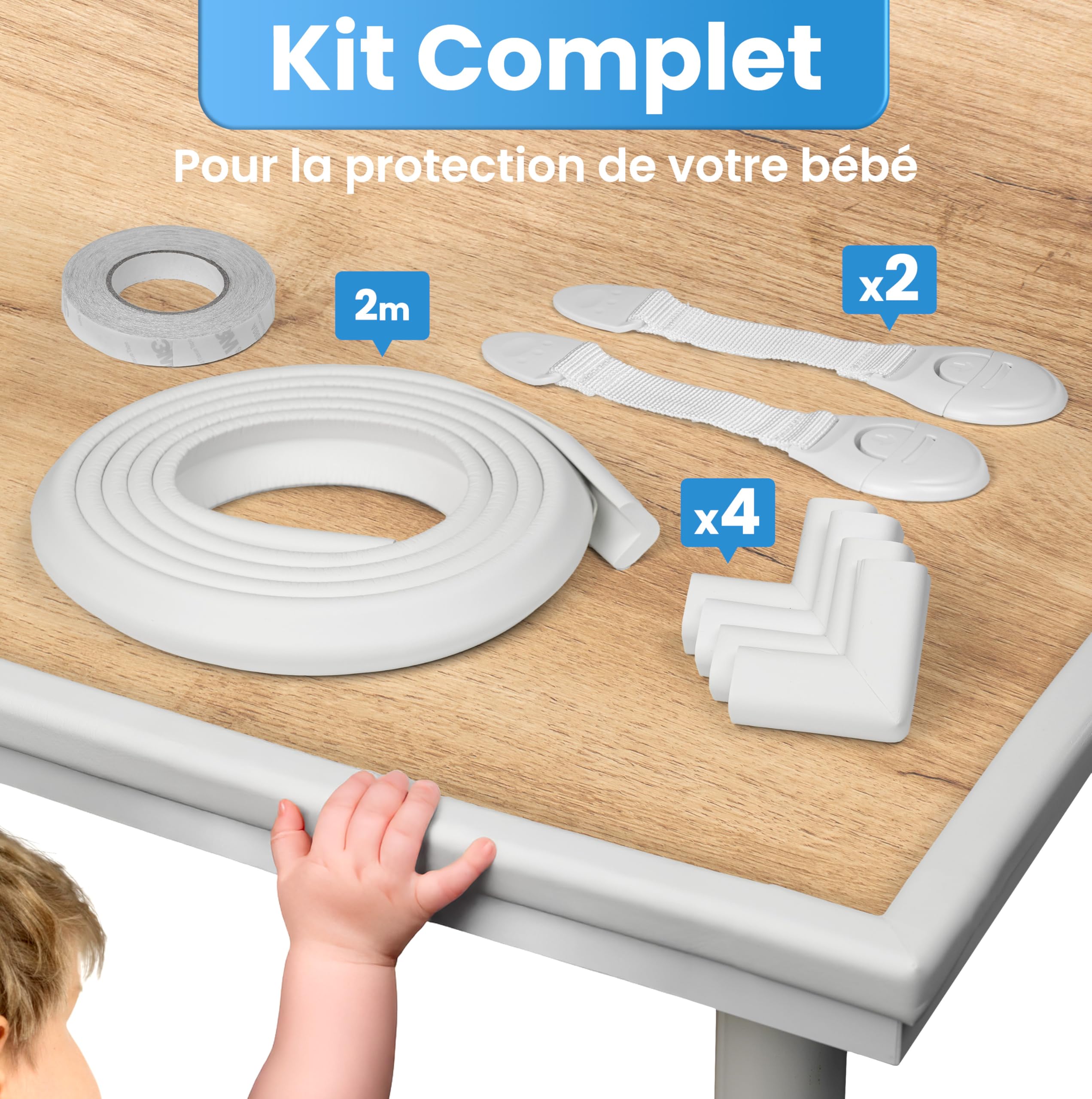 Happy Chlea Coin de Table Protection Bébé 2,4 m Couverture Totale Anti-Choc pour Tables et Meubles + 2 Bloque-Tiroirs Sécurité Enfant