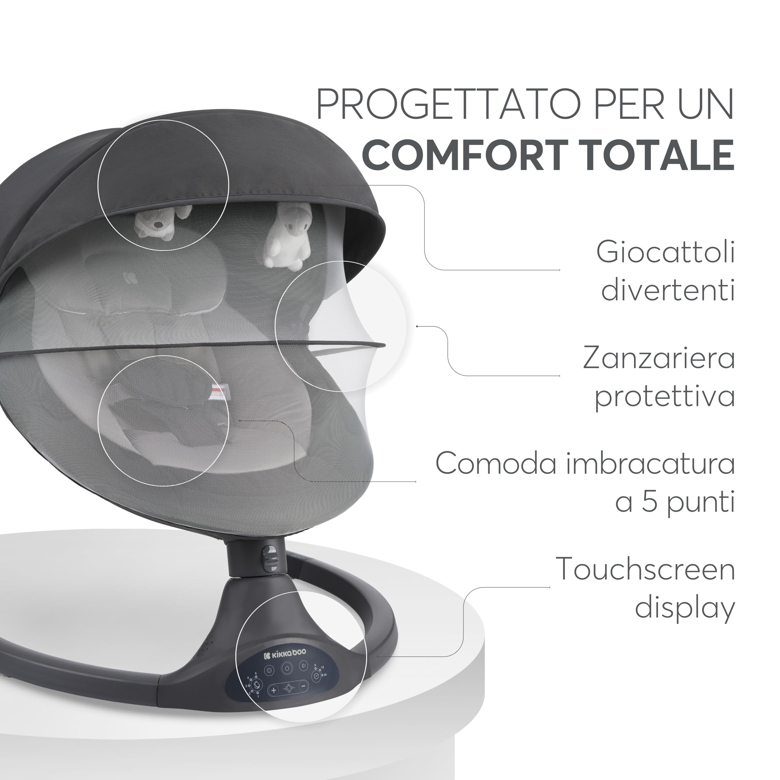 Sdraietta Neonati Elettrica KikkaBoo CODIE, Dondolo Elettrico per Neonati con Bluetooth, 5 Velocità, Schienale Regolabile, 10 Melodie, Fino a 9 kg, Grigio scuro