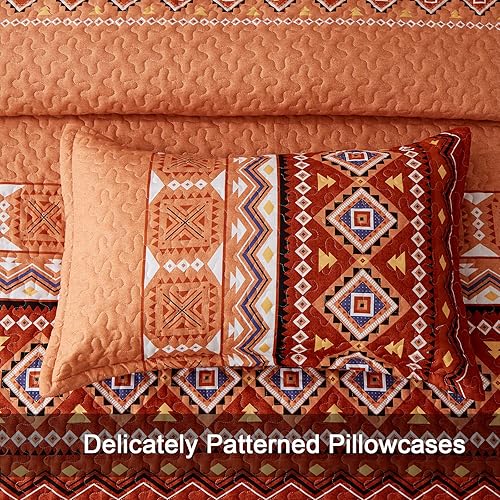 Miniatura 5 de WONGS BEDDING Juego de edredón bohemio California King, 3 piezas, color naranja quemadoóxido, juego de colcha ligera con estampado geométrico con 2