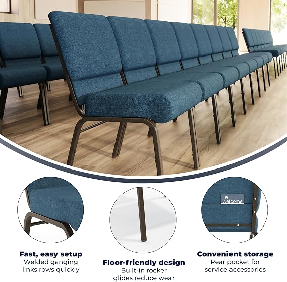21W Stacking Church Chair in Blue Fabric - Gold Vein Frame