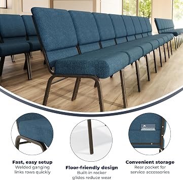 21W Stacking Church Chair in Blue Fabric - Gold Vein Frame