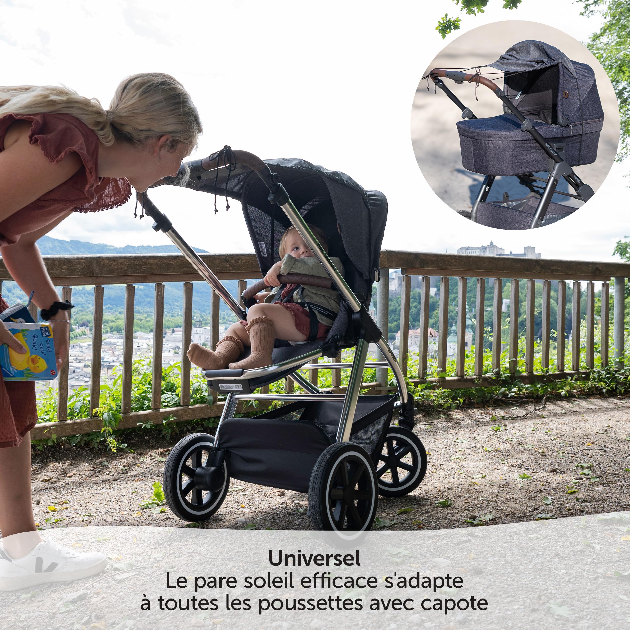 Zamboo Pare Soleil Poussette Universel Bébé – Protection UV 50+ – Voile d’ombrage Poussette avec Fonction Enroulable – Accessoire Poussette et Landau Été – Installation Facile - Gris Chiné
