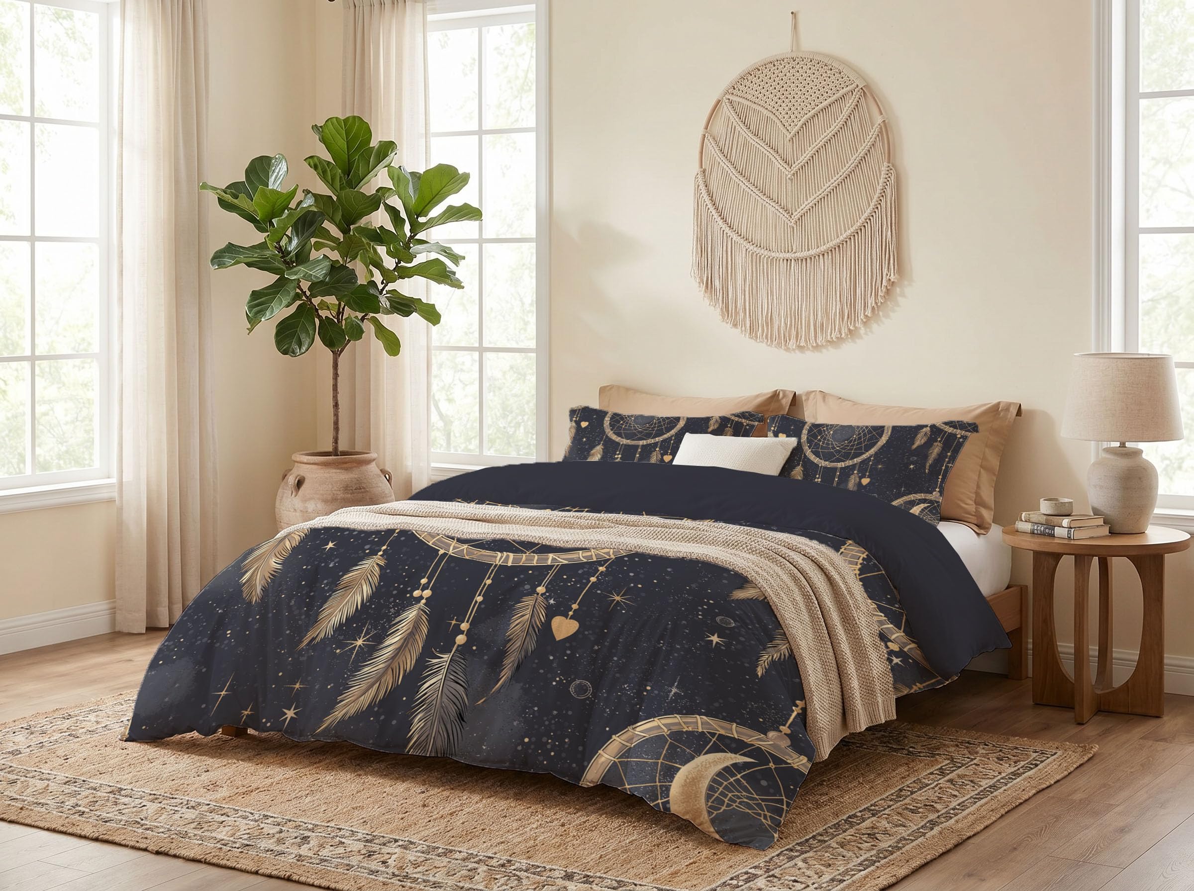 Wendebettwäsche 240X220 Anthrazitgrau Eleganter Traumfänger Sternenhimmel Schlafzimmer Bettwäsche 3Tlg, Bohemian Feathers Bettbezug Und 2 Kissenbezug, Weiche Mikrofaser Deckenbezug Mit Reißverschluss