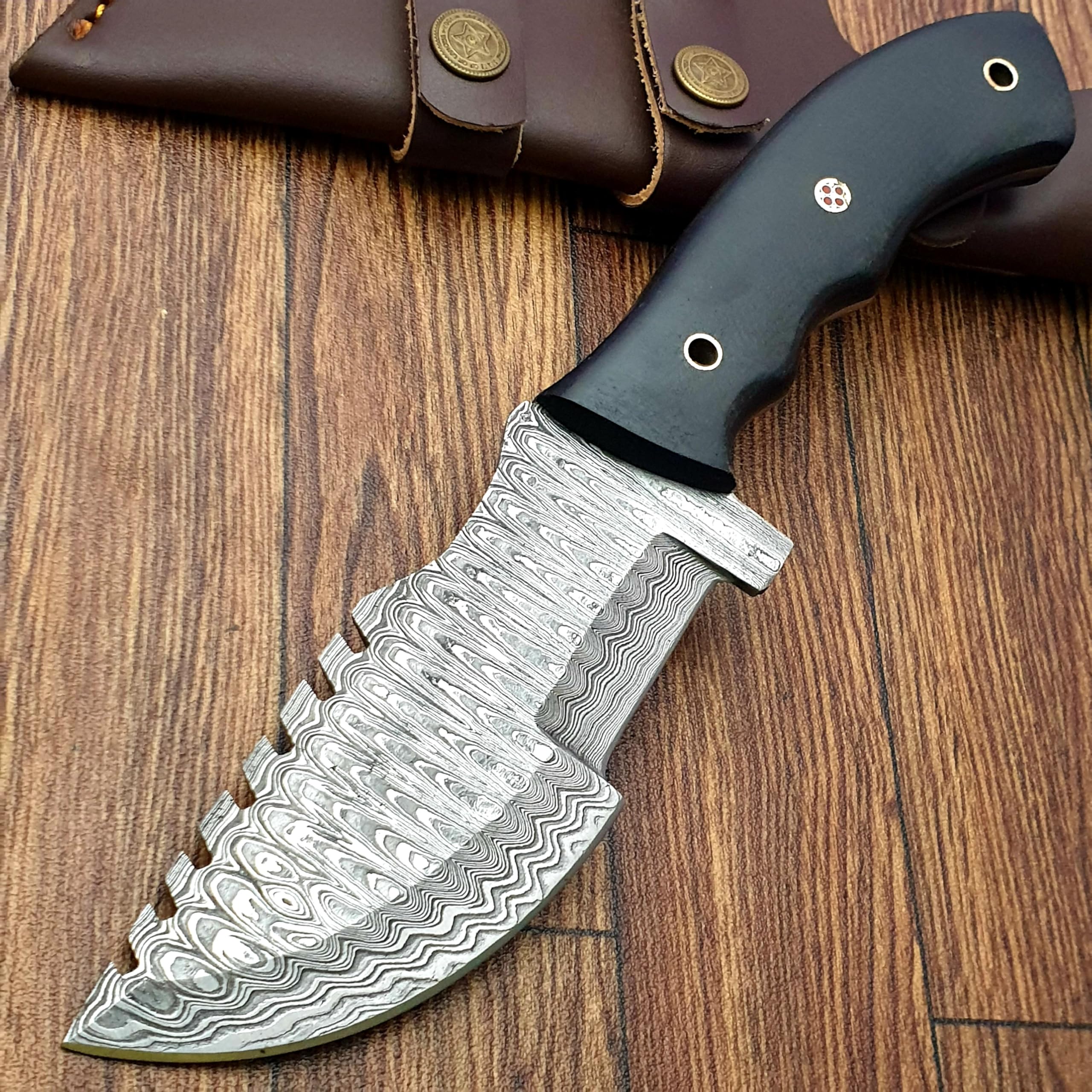 TZ 03 Handmade Damascus Steel 10 Inch Tracker Knife for Hunting Camping Tracker with Horizontal Carry Sheath Fixed Blade Survival tactical full tang Bushcraft Knife
