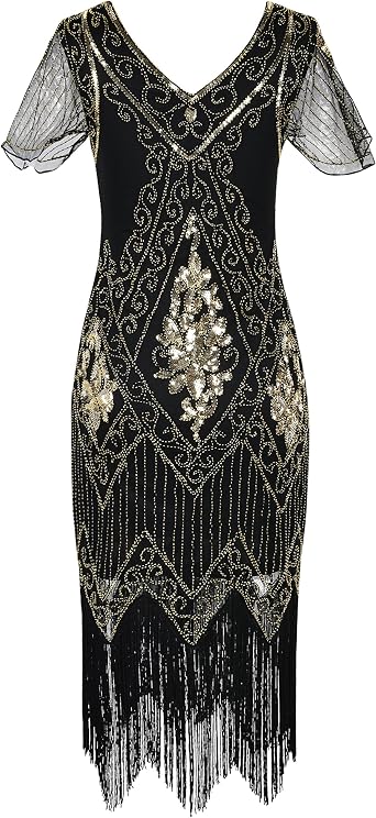 PrettyGuide Womens 1920s Dress Sequin Art Deco Flapper Dress with Sleeve