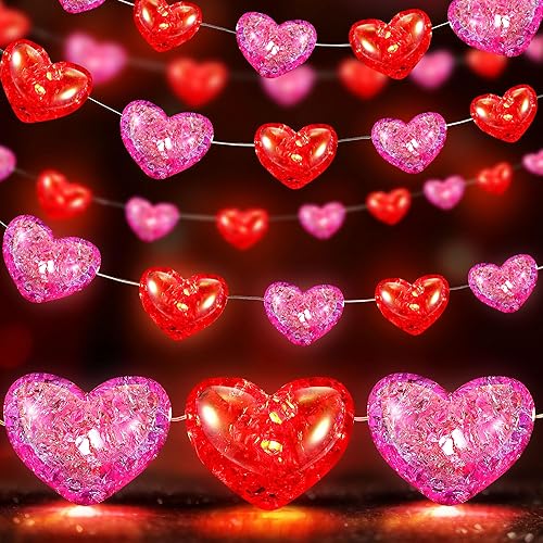 Hiboom Paquete de 2 luces de corazón de San Valentín para decoraciones de San Valentín, 20 pies, 60 luces LED de hadas de San Valentín, funciona con