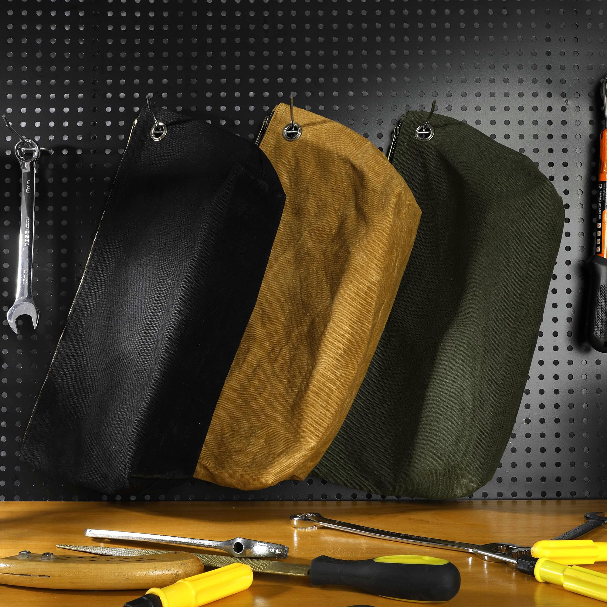 Bolsas de almacenamiento de herramientas de lona encerada resistentes de 16 onzas, bolsa de organización de herramientas de una sola pieza, paquete de 3 bolsas con cremallera de latón y ojal (grande)