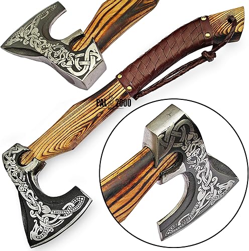 Miniatura 8 de AX-9897 Hacha hecha a mano personalizada Viking Barbudo Cabeza Camping Tomahawk Herramienta Hacha de batalla con funda Negro