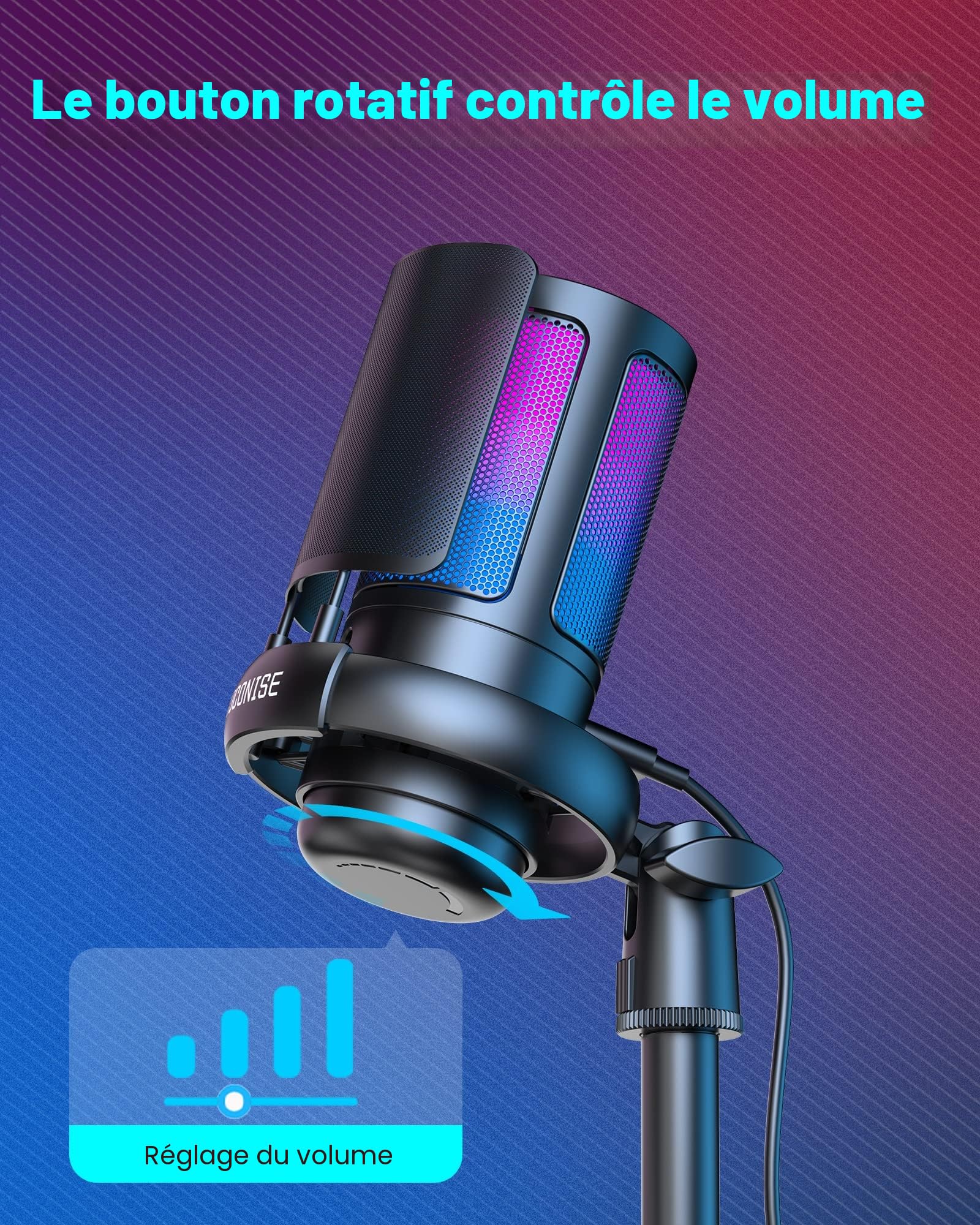 USB Microphone USB à condensateur, RGB Microphone Gaming, Une touche muet、Le bouton contrôle le volume、Filtre anti-pop en métal, pour le streaming, les jeux, les podcasts, la production musicale