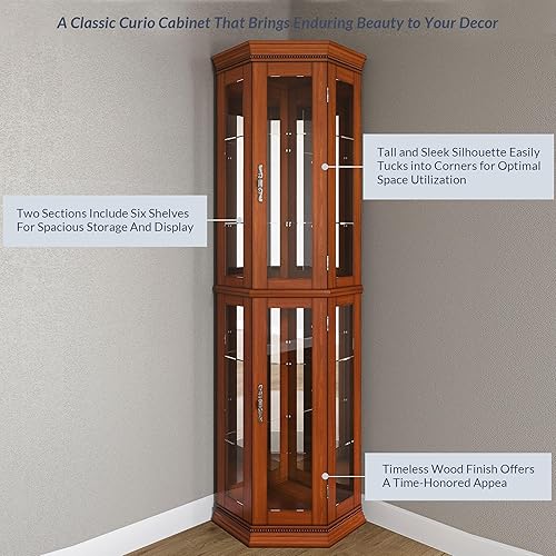Miniatura 5 de BELLEZE Vitrina Curio con iluminación de 3 lados, puerta de vidrio templado y estantes, gabinete de esquina de madera con bombilla, estante
