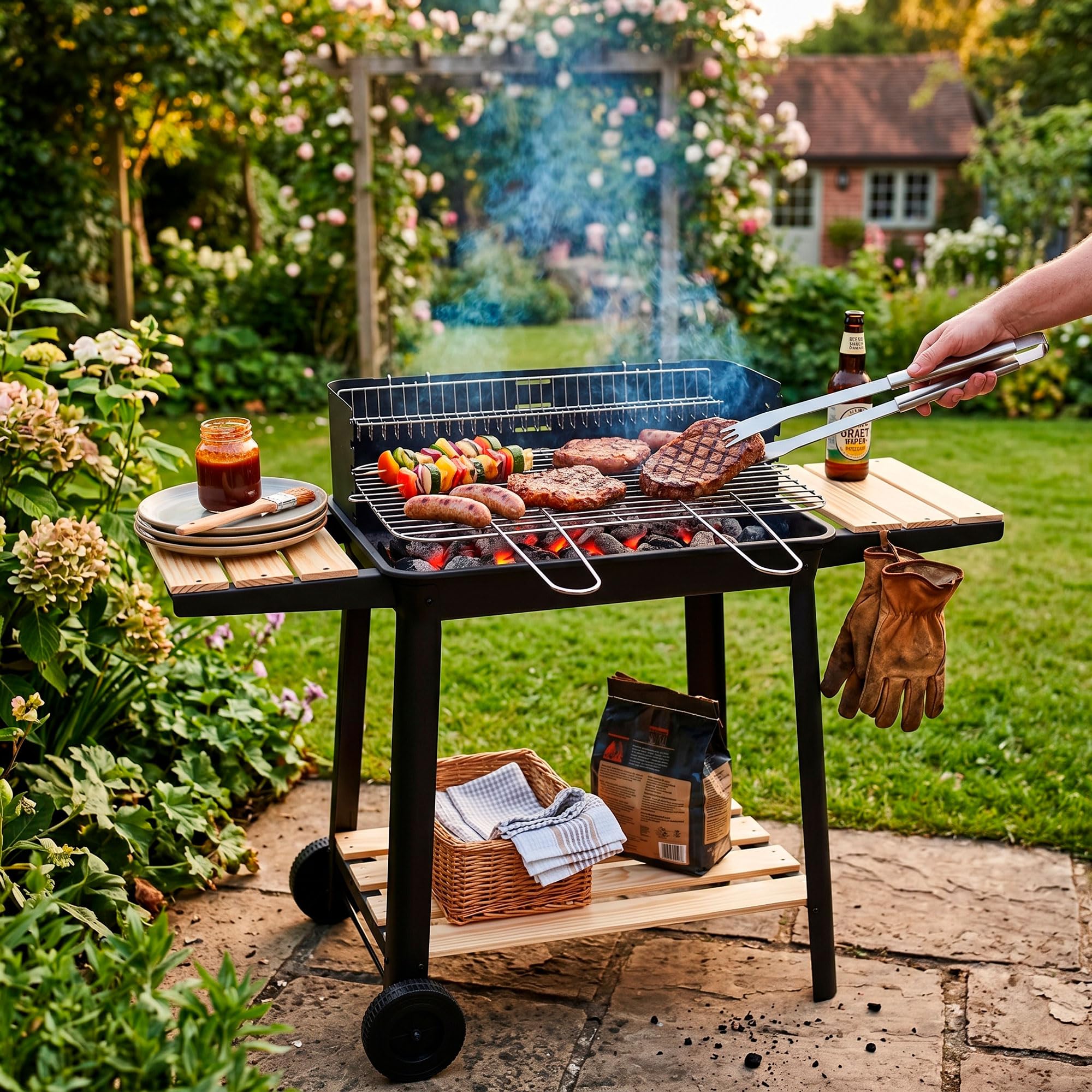 Grill na węgiel drzewny, na kółkach z obrotowym rożnem, ruszt do grillowania z regulacją wysokości, mobilny grill BBQ z rolkami, z półkami bocznymi, ruszt do podgrzewania, grill ogrodowy, na taras