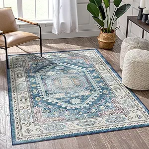 vivorug 3x5 Rug, Small Area Rug for Living Room, Bedroom, Kitchen, Machine Washable Non-Slip Throw Rug, Vintage Distressed Medallion Carpet for Entryway Nursery Dinner Room - Durable (Blue)
