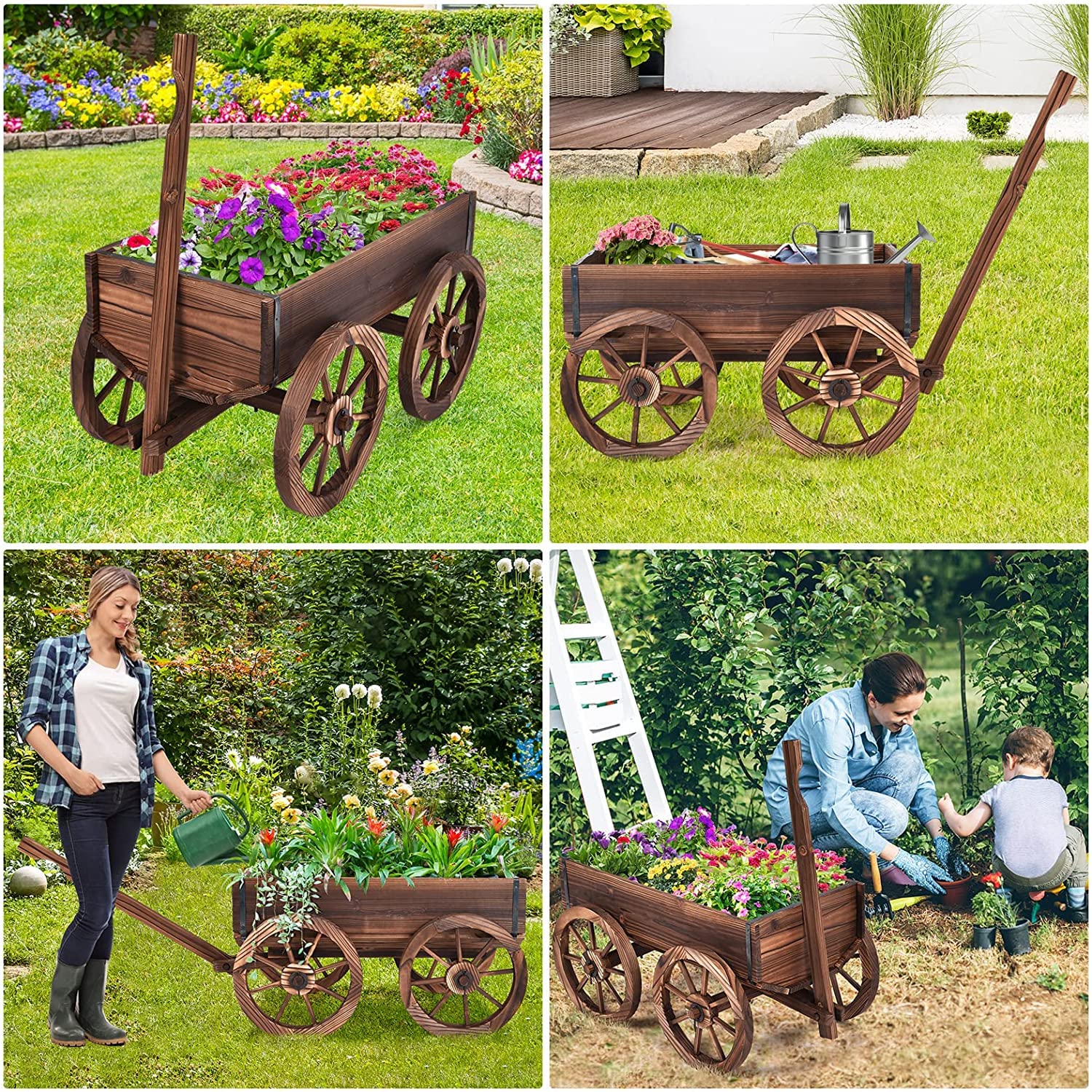 RELAX4LIFE Blumenwagen Holz, Pflanzwagen mit 4 Rädern, Verstellbarem Griff, Ablauflöchern, Bollerwagen Outdoor wetterfest, Pflanzkarre Pflanztopf für Garten Balkon Terrasse, 120 x 43 x 53,5 cm, Braun