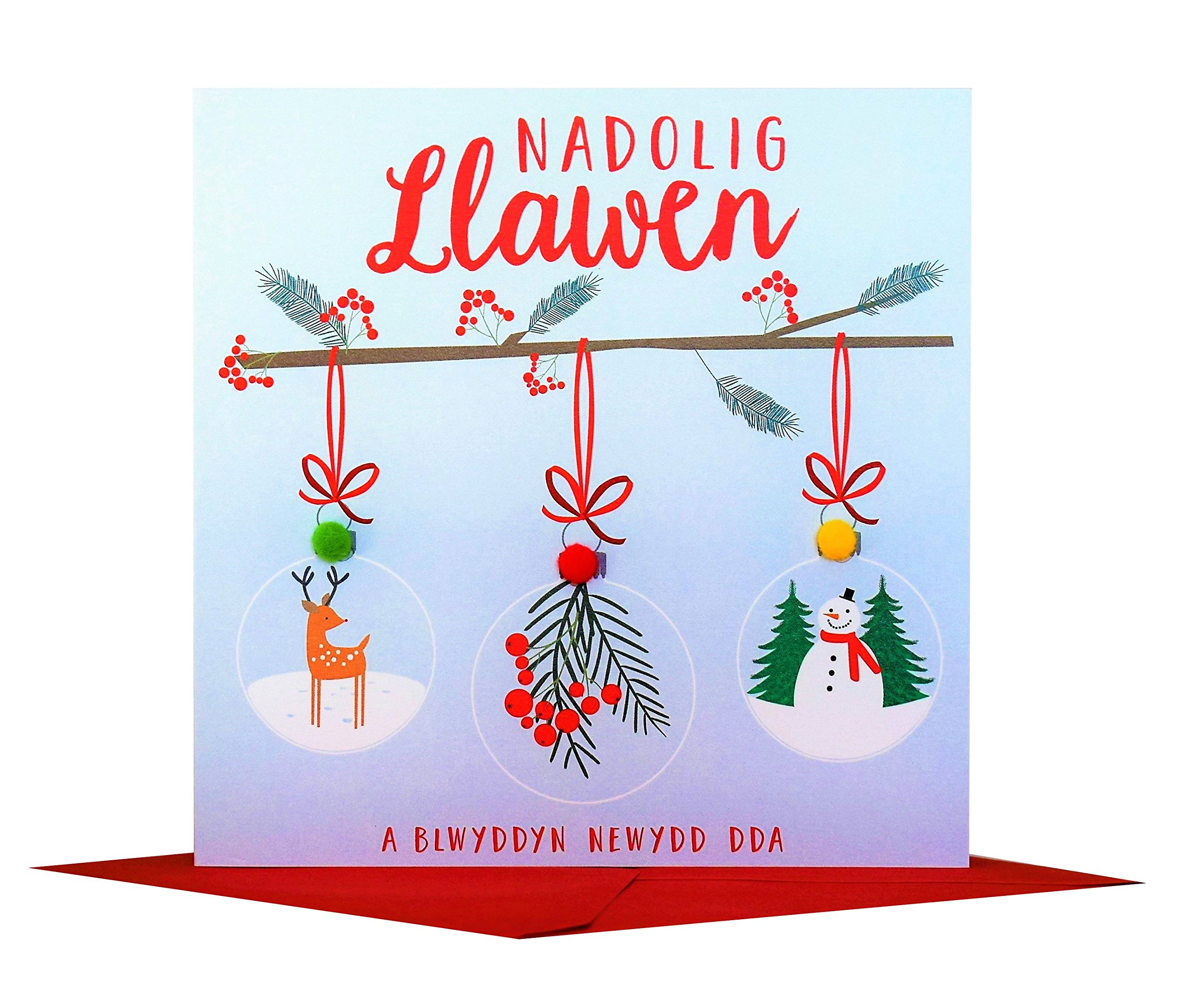 Claire Giles Greeting Cards, Welsh Happy Christmas Card, Nadolig Llawen, Baubles on a branch design xmas Greeting Card, Embellished with Colourful Pompoms