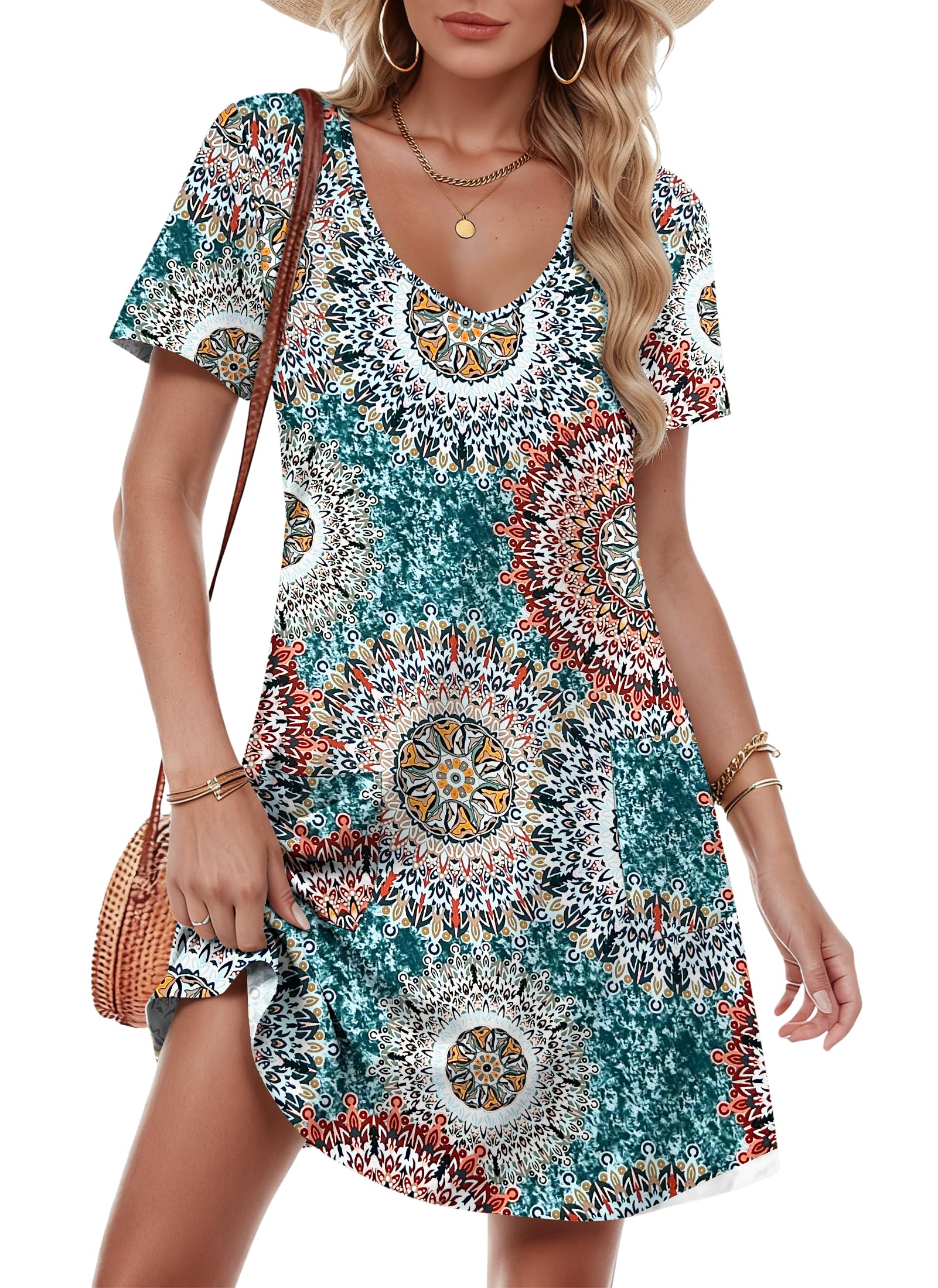 MOLERANI Damen Sommerkleid Kurzarm V-Ausschnitt Strandkleid Knielang Freizeitkleider Leichte Swing Midikleid mit Taschen