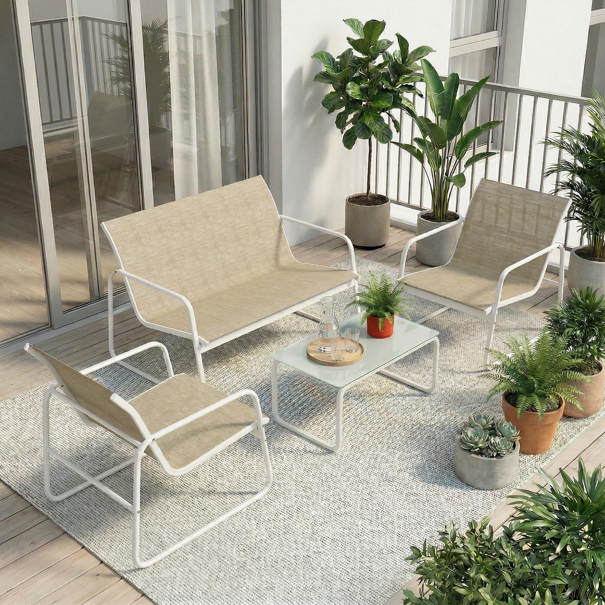Outsunny Set Salotto da Giardino 4 Pezzi, Set di Mobili da Giardino in Texteline con Divano 2 Posti, 2 Poltrone, Tavolino in Vetro Temperato, Struttura in Acciaio, Salottino da Esterno Balcone, Cachi